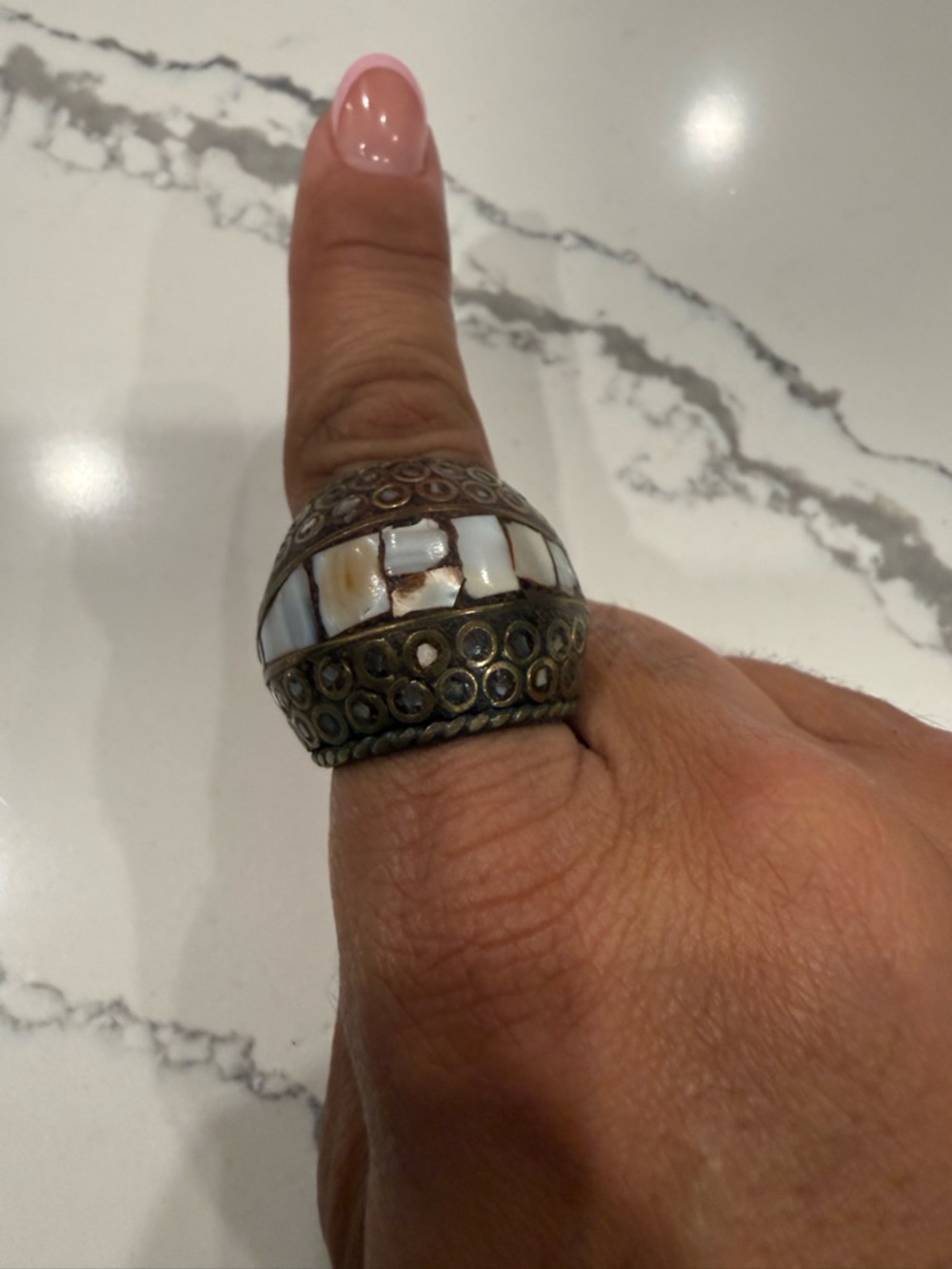 Bohemian Mother-of-Pearl Dome Statement Ring - White Inlay